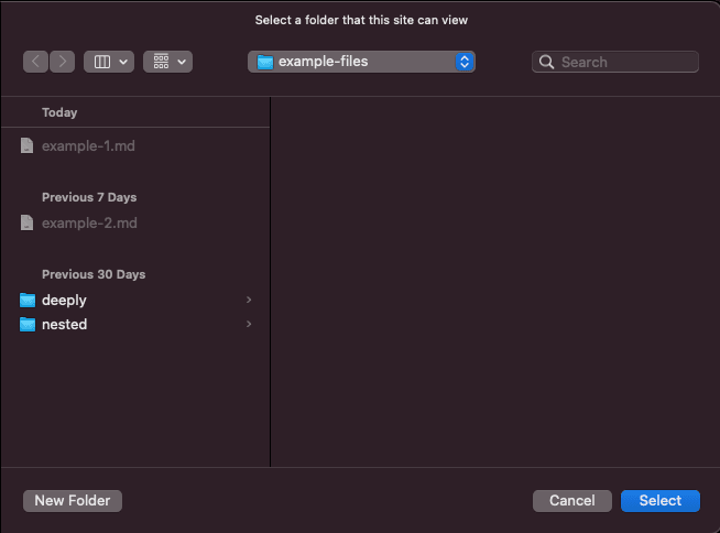 Screenshot of MacOS UI to pick a directory on the system